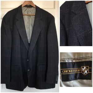 VTG 80s Cricketeer Tweed Wool Sport Coat Blazer Gray Burgundy Windowpane 52R USA